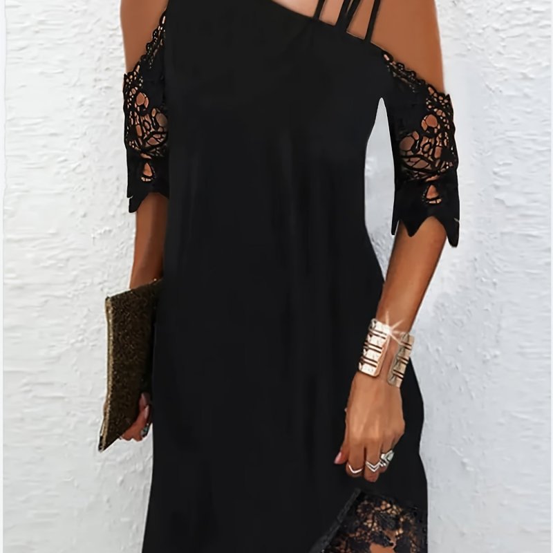 Asymmetrical Lace Dress - Delicate Lace Splicing, Unique Asymmetrical Hem, Chic Cold Shoulder Strap Decor - Perfect for Summer, Elegant Womens Clothing for Everyday Wear