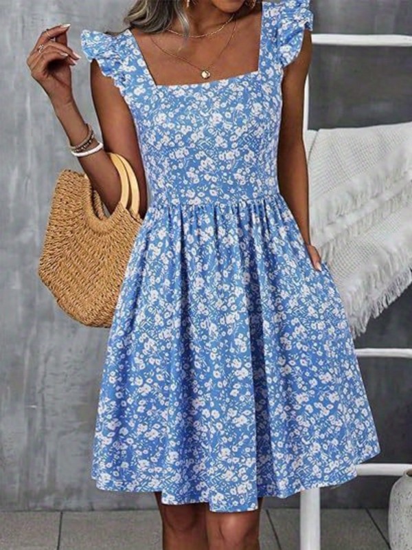 Women's Light Blue Floral Casual Dress - Summer Square Neck, Ruffled Shoulder Straps, Cinched Waist, A-Line Cut, Polyester Knit Fabric, Perfect for Beach or Casual Outings, Beach Dress