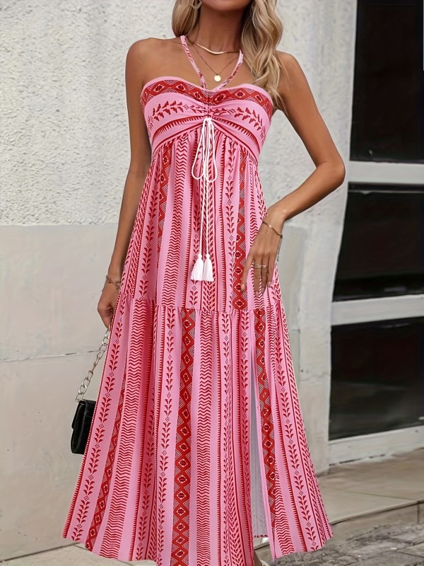 Women's Elegant Off-Shoulder Halter Neck Maxi Dress - Pink & White Geometric Print, Backless Design, Ruffled Detail, Perfect for Summer Vacations, Resort Fashion | Backless Maxi Dress | Intricate Design