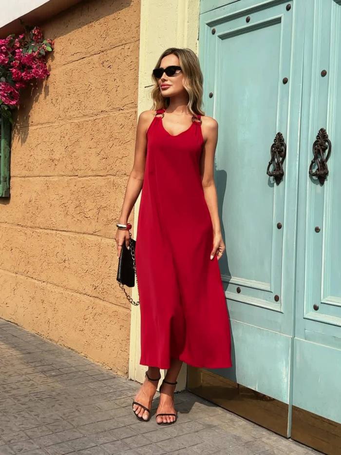 Elegant French Dress Red Polyester Elegant French-Inspired Deep V-Neck Sleeveless Maxi Dress - Sexy Backless Design, Coconut Shell Button Detail, Smooth Fabric, Summer Women's Fashion, Vacation Wear