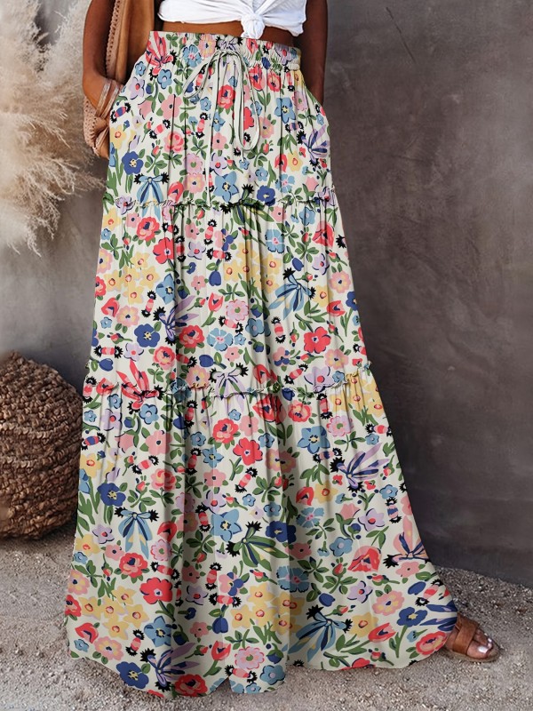 Women'S Floral Print Maxi Dress, Casual Style, 100% Polyester, Woven Fabric, 150 g\u002Fm², Frill Detail, Long Length, Spring\u002FSummer Collection