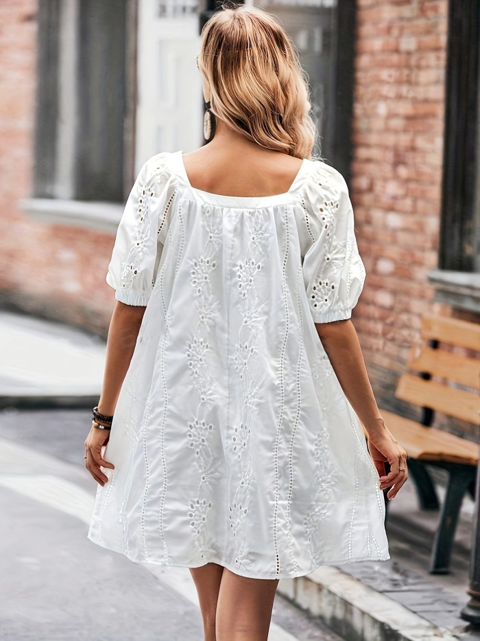 Charming Square Neck Puff Sleeve Ruched Dress - Elegant Eyelet Solid Design, Flowy Comfortable Wear for Spring & Summer, Women's Clothing for Casual Occasions