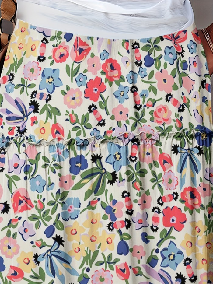 Women'S Floral Print Maxi Dress, Casual Style, 100% Polyester, Woven Fabric, 150 g\u002Fm², Frill Detail, Long Length, Spring\u002FSummer Collection