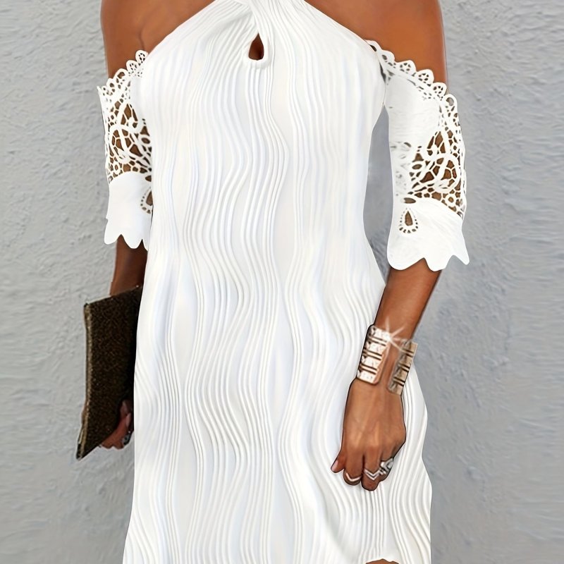 Machine Washable Chic Lace Dress Chic Off-Shoulder Lace Detail Casual Dress - High Stretch, Machine Washable, Solid Color for All Seasons