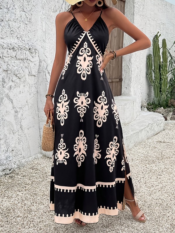 Elegant Black & White Floral Print Maxi Dress for Women - V-Neck, Split Hem, Polyester Blend, Perfect for Beach Vacations, Spring\u002FSummer Ready