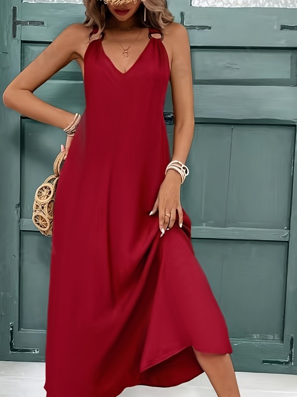 Elegant French Dress Red Polyester Elegant French-Inspired Deep V-Neck Sleeveless Maxi Dress - Sexy Backless Design, Coconut Shell Button Detail, Smooth Fabric, Summer Women's Fashion, Vacation Wear