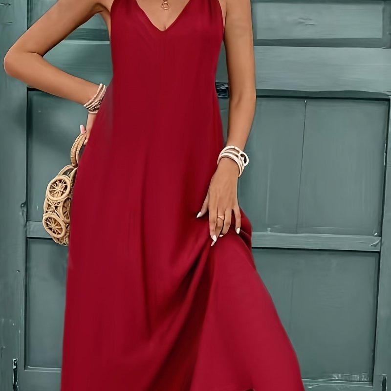 Elegant French Dress Red Polyester Elegant French-Inspired Deep V-Neck Sleeveless Maxi Dress - Sexy Backless Design, Coconut Shell Button Detail, Smooth Fabric, Summer Women's Fashion, Vacation Wear