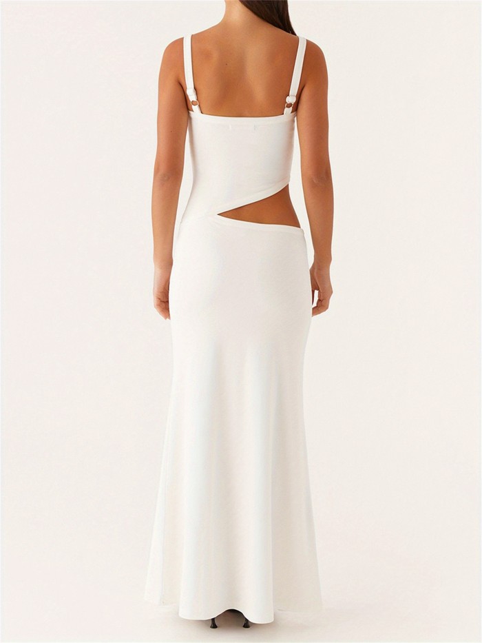 Women Slip Dress, Sleeveless V-neck Backless Hollowed Swing Dress Summer Long Dress for Cocktail Party