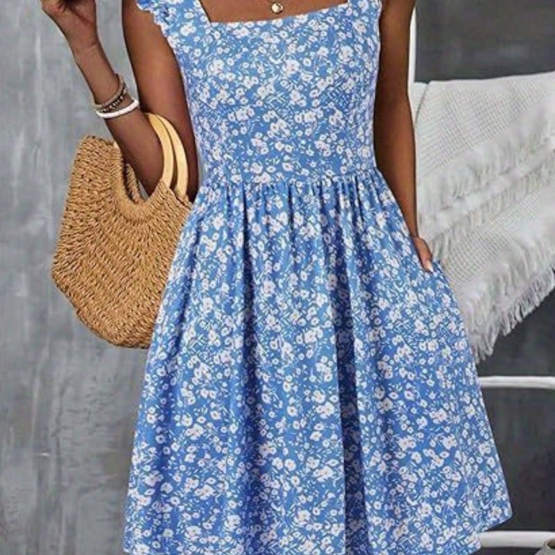 Women's Light Blue Floral Casual Dress - Summer Square Neck, Ruffled Shoulder Straps, Cinched Waist, A-Line Cut, Polyester Knit Fabric, Perfect for Beach or Casual Outings, Beach Dress