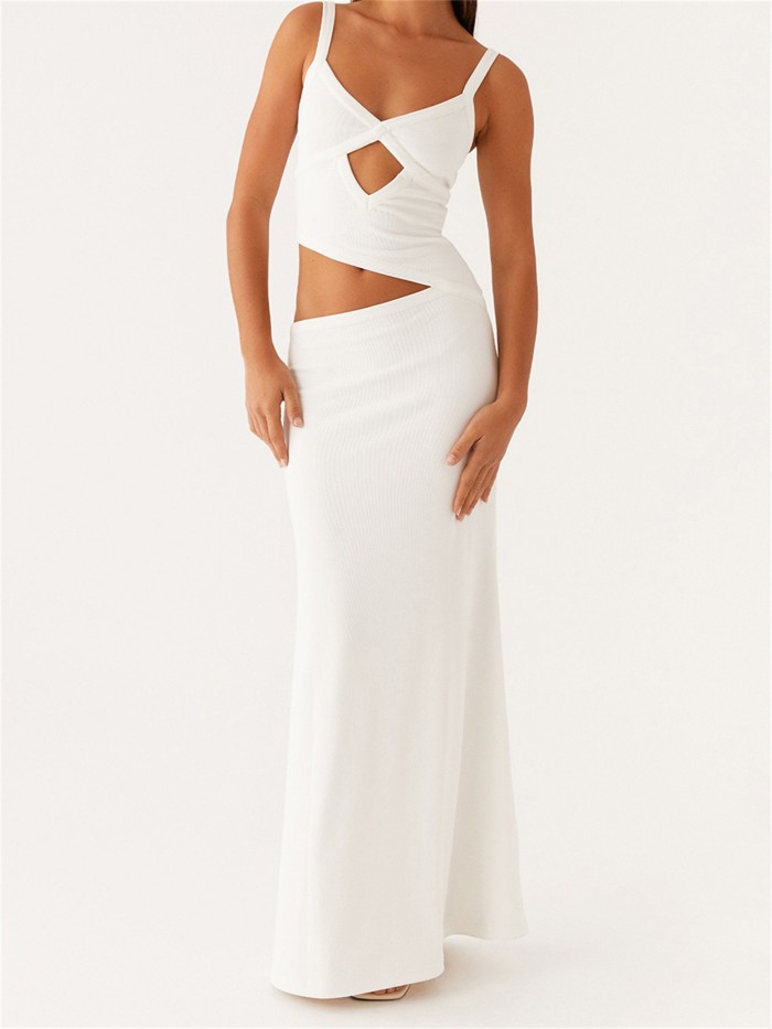 Women Slip Dress, Sleeveless V-neck Backless Hollowed Swing Dress Summer Long Dress for Cocktail Party