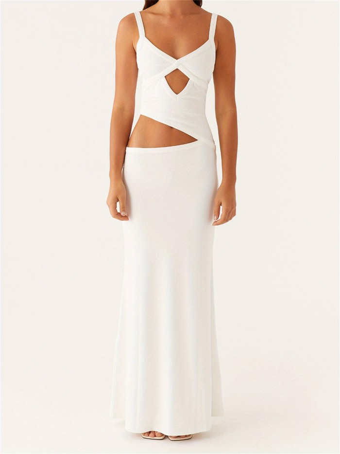 Women Slip Dress, Sleeveless V-neck Backless Hollowed Swing Dress Summer Long Dress for Cocktail Party