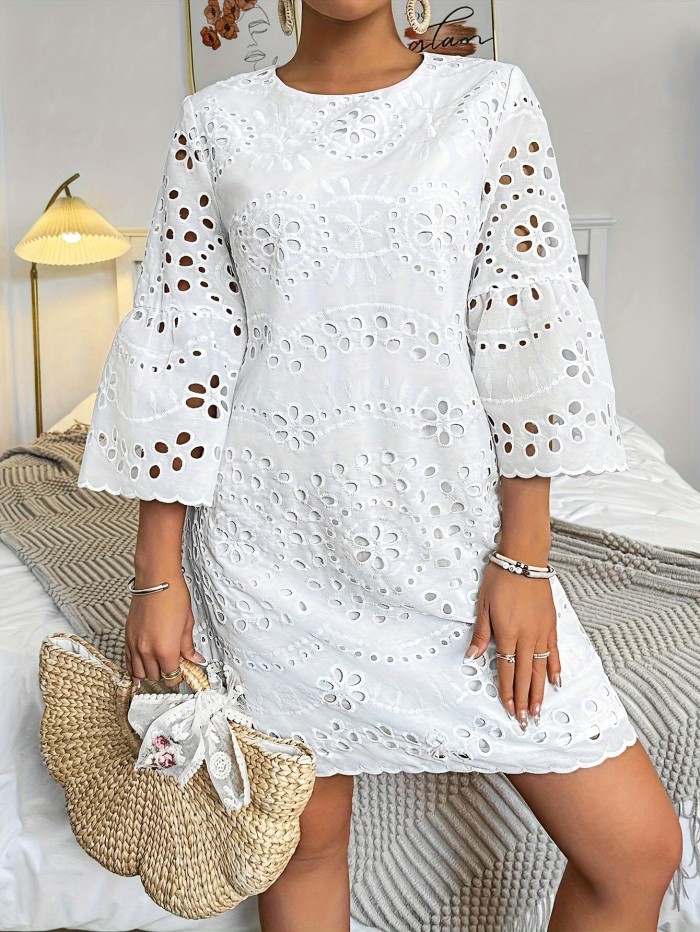 Elegant White Embroidered Eyelet Dress - Lightweight Polyester, Crew Neck, Flared Sleeves, Machine Washable, Chic & Versatile for All Seasons
