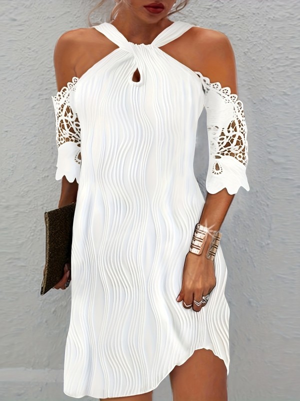 Machine Washable Chic Lace Dress Chic Off-Shoulder Lace Detail Casual Dress - High Stretch, Machine Washable, Solid Color for All Seasons