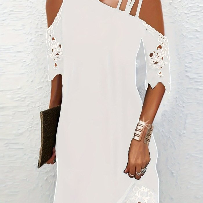 Asymmetrical Lace Dress - Delicate Lace Splicing, Unique Asymmetrical Hem, Chic Cold Shoulder Strap Decor - Perfect for Summer, Elegant Womens Clothing for Everyday Wear