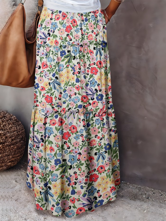 Women'S Floral Print Maxi Dress, Casual Style, 100% Polyester, Woven Fabric, 150 g\u002Fm², Frill Detail, Long Length, Spring\u002FSummer Collection
