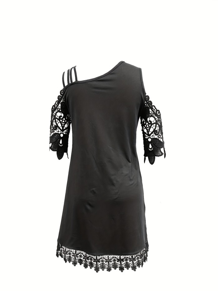 Asymmetrical Lace Dress - Delicate Lace Splicing, Unique Asymmetrical Hem, Chic Cold Shoulder Strap Decor - Perfect for Summer, Elegant Womens Clothing for Everyday Wear