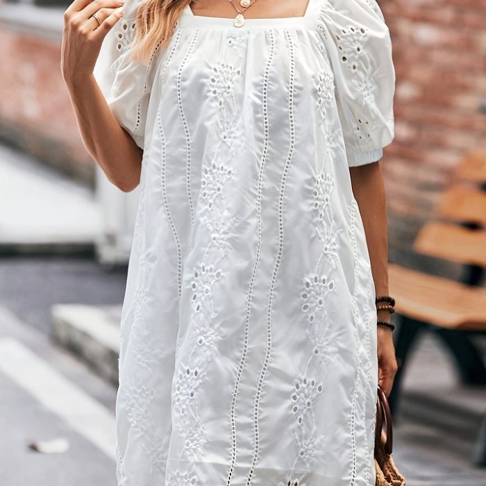 Charming Square Neck Puff Sleeve Ruched Dress - Elegant Eyelet Solid Design, Flowy Comfortable Wear for Spring & Summer, Women's Clothing for Casual Occasions