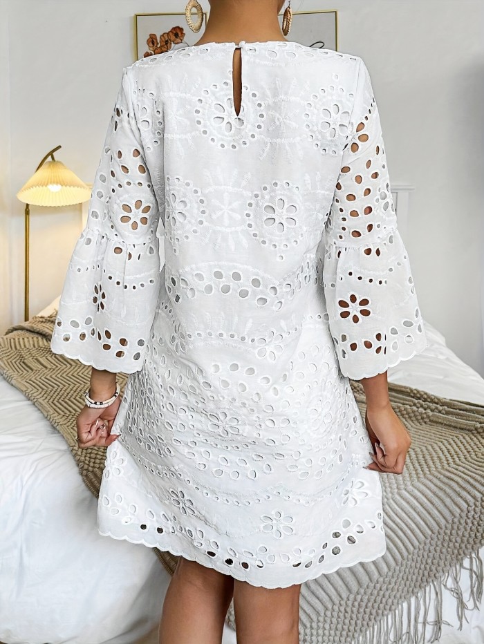 Elegant White Embroidered Eyelet Dress - Lightweight Polyester, Crew Neck, Flared Sleeves, Machine Washable, Chic & Versatile for All Seasons