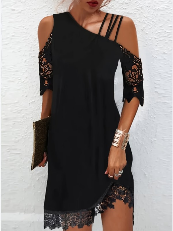 Asymmetrical Lace Dress - Delicate Lace Splicing, Unique Asymmetrical Hem, Chic Cold Shoulder Strap Decor - Perfect for Summer, Elegant Womens Clothing for Everyday Wear