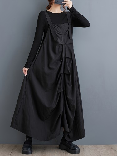 Yamamoto Style, Pleated Suspender Dress Yamamoto Style Personality Pleated Suspender Dress - Fashionable, Flattering, Mid-Length, New Spring and Autumn