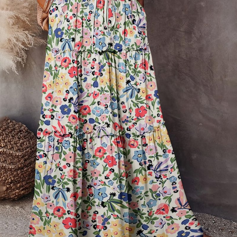 Women'S Floral Print Maxi Dress, Casual Style, 100% Polyester, Woven Fabric, 150 g\u002Fm², Frill Detail, Long Length, Spring\u002FSummer Collection