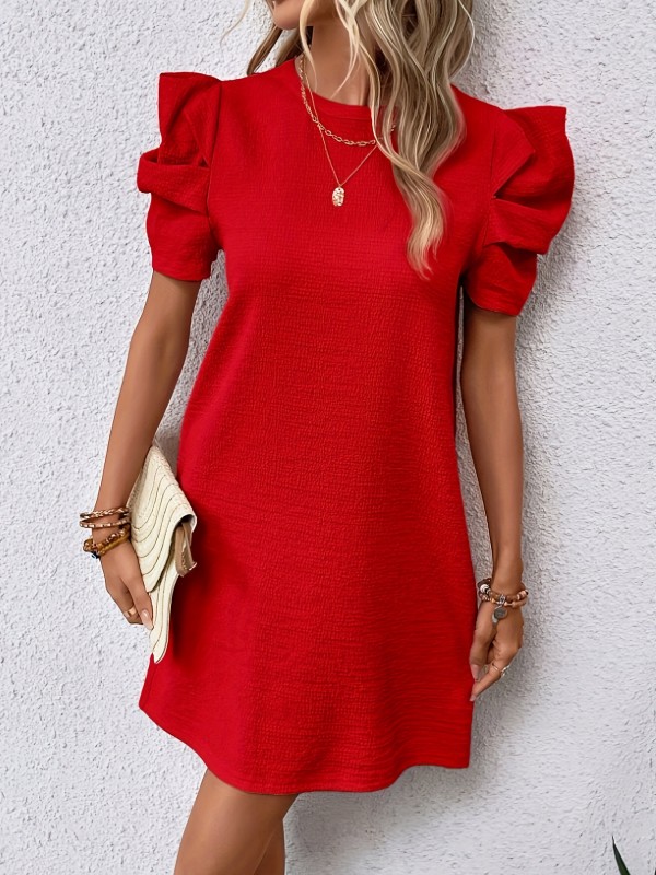 Elegant Black Midi Dress with Puff Sleeves and Cinched Waist - Crew Neck, Short Sleeve, Solid Color, Stretchy Polyester Blend for Women - Perfect for Spring\u002FSummer Casual Wear