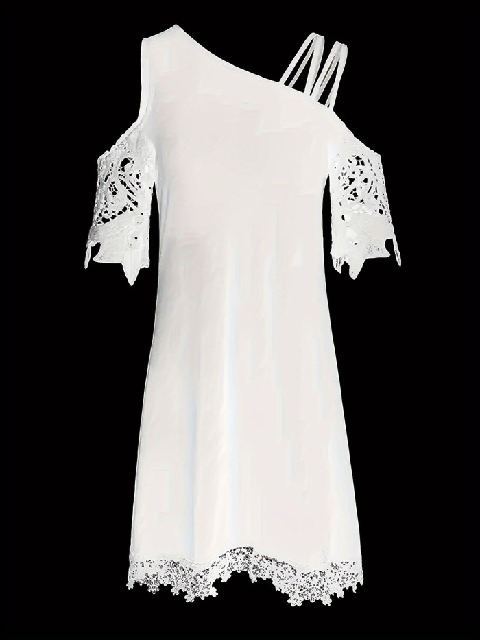 Asymmetrical Lace Dress - Delicate Lace Splicing, Unique Asymmetrical Hem, Chic Cold Shoulder Strap Decor - Perfect for Summer, Elegant Womens Clothing for Everyday Wear
