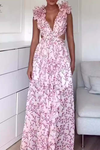 Sweet Elegant Flowers Stringy Selvedge V Neck A Line Dresses