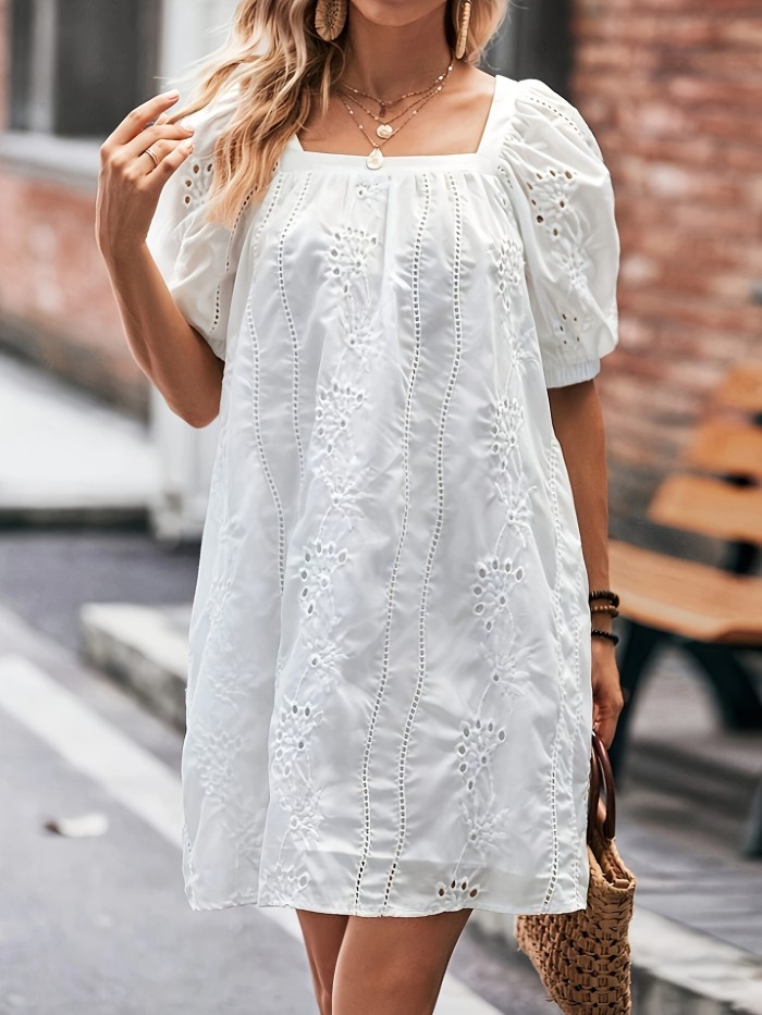 Charming Square Neck Puff Sleeve Ruched Dress - Elegant Eyelet Solid Design, Flowy Comfortable Wear for Spring & Summer, Women's Clothing for Casual Occasions
