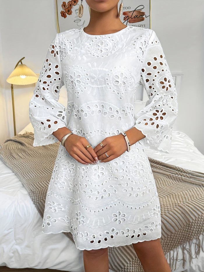 Elegant White Embroidered Eyelet Dress - Lightweight Polyester, Crew Neck, Flared Sleeves, Machine Washable, Chic & Versatile for All Seasons