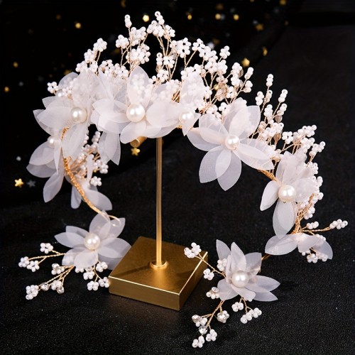 Handcrafted Pearl 3-Piece Set - French Princess Flower Headbands and Earring Set for Normal Hair Type - Alloy Material Non-textile Crafted Floral Wedding Headpieces