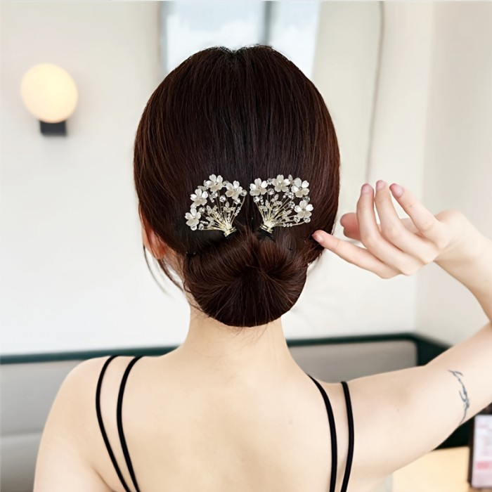 Elegant Handmade Floral Hair Bun Maker - Alloy, Vintage\u002FSimple Style, Rectangular Hair Accessory with Pearl and Crystal Embellishments for Stylish Updos, Hair Accessories