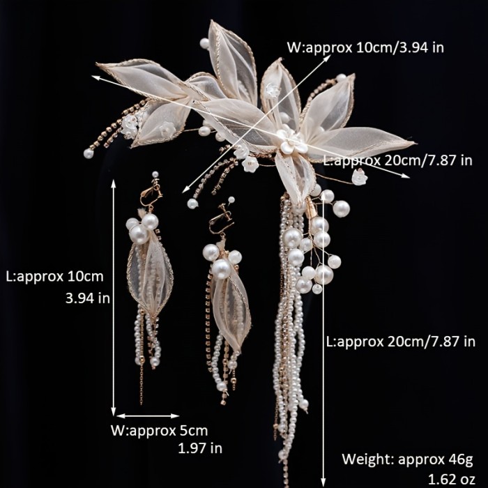 Flower Faux Pearl Tassel Hairclip Earrings Set Bridal Wedding Party Favor Decorations Princess Tiara Cosplay Costumes Hair Accessories