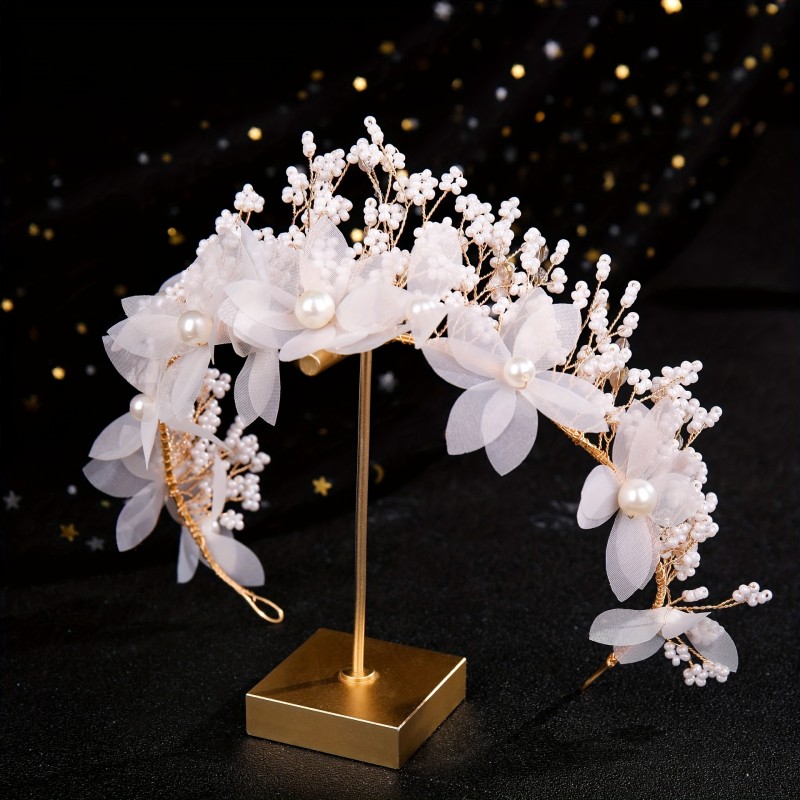 Handcrafted Pearl 3-Piece Set - French Princess Flower Headbands and Earring Set for Normal Hair Type - Alloy Material Non-textile Crafted Floral Wedding Headpieces