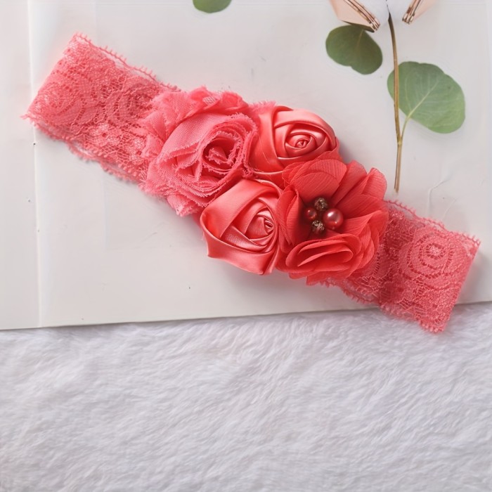 Girls Headband, Newborn Rose Elastic Hair Band, Chiffon Flower Rhinestone Lace Headbands - For Girls - Suitable for Birthdays, Parties & Everyday Wear - Perfect Gift for Little Princesses