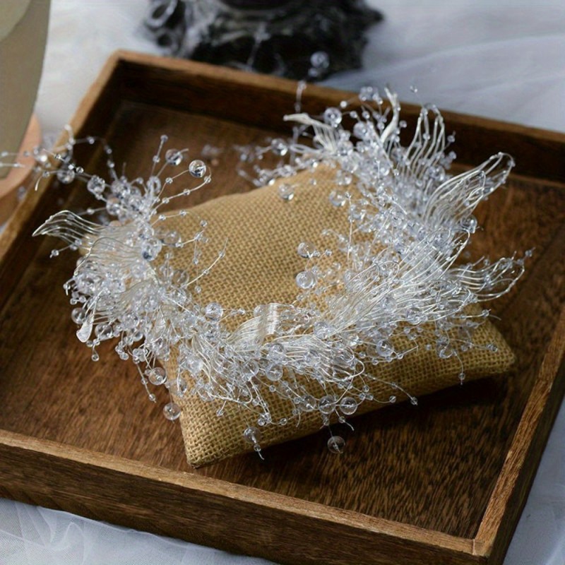 Elegant Crystal Bead Bridal Headwear - Luxurious Tassel Hairband with Floral and Leaf Motifs, Perfect for Weddings and Formal Events, Wedding Accessories