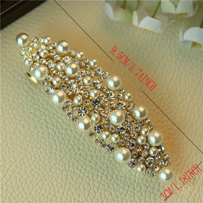 Elegant Faux Pearl & Rhinestone Hair Clip - Alloy, Rectangular Spring Barrette for Women and Girls