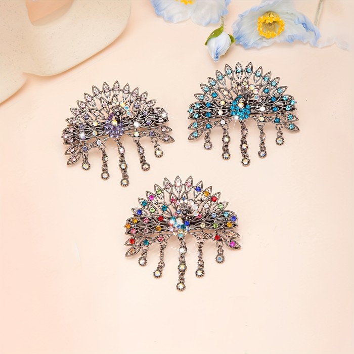 Vintage Peacock Hair Clip with Tassel - Large Alloy Spring Barrette for Women, Perfect for Work, Parties & Casual Outings, Dark, Versatile, Hair Accessories