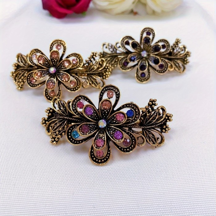 Vintage Floral Hair Clip - Elegant Metal Barrette with Rhinestone Accents, Rectangular Shape for Women and Girls, Back Of The Head, Half Clip