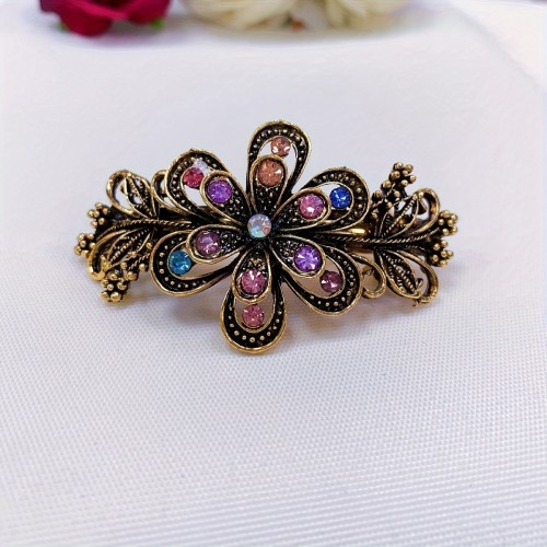 Vintage Floral Hair Clip - Elegant Metal Barrette with Rhinestone Accents, Rectangular Shape for Women and Girls, Back Of The Head, Half Clip