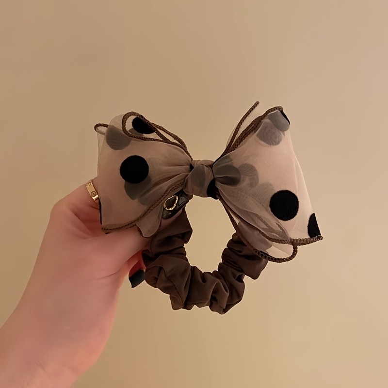 Elegant Polka Dot Hair Tie with Organza Butterfly Bow, Sweet Fresh Bun Accessory