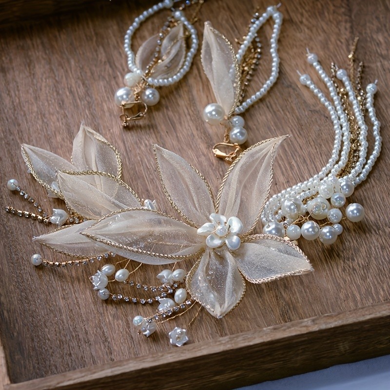 Flower Faux Pearl Tassel Hairclip Earrings Set Bridal Wedding Party Favor Decorations Princess Tiara Cosplay Costumes Hair Accessories