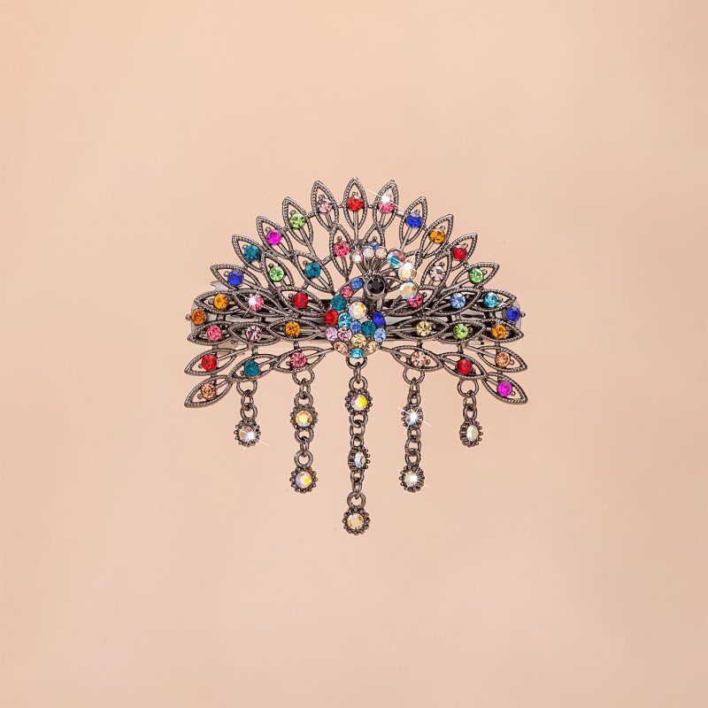 Vintage Peacock Hair Clip with Tassel - Large Alloy Spring Barrette for Women, Perfect for Work, Parties & Casual Outings, Dark, Versatile, Hair Accessories