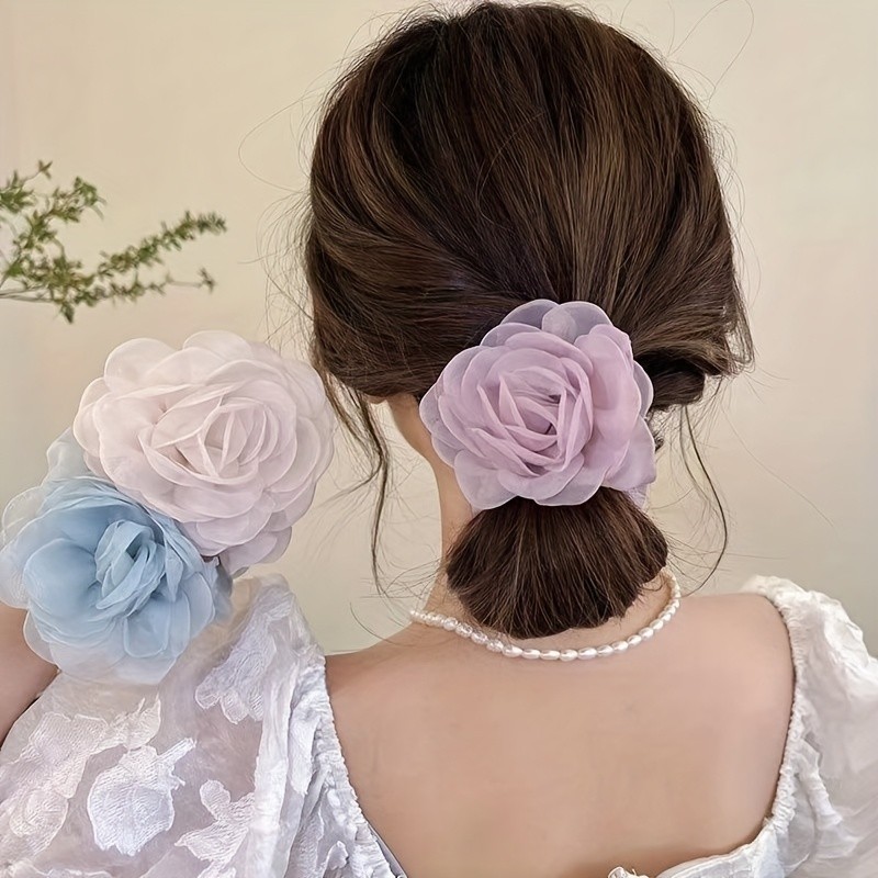3pcs Elegant French Floral Mesh Camellia Headbands - Vintage Style, Solid Color, Pearl Accents, Perfect for Weddings & Formal Events, Hair Accessories for Women