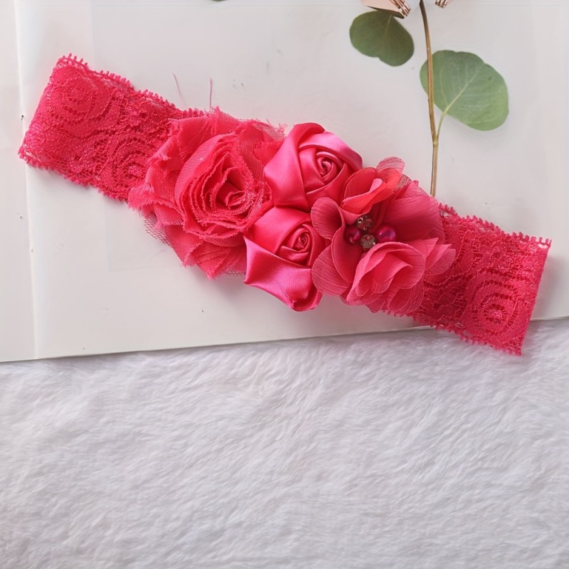 Girls Headband, Newborn Rose Elastic Hair Band, Chiffon Flower Rhinestone Lace Headbands - For Girls - Suitable for Birthdays, Parties & Everyday Wear - Perfect Gift for Little Princesses