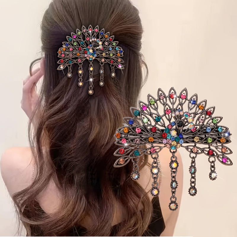 Vintage Peacock Hair Clip with Tassel - Large Alloy Spring Barrette for Women, Perfect for Work, Parties & Casual Outings, Dark, Versatile, Hair Accessories