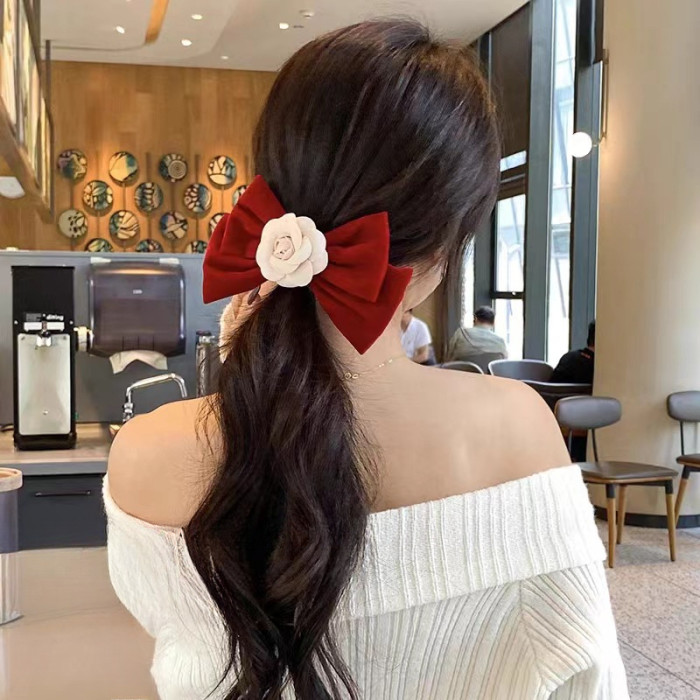 2pcs Velvet Camellia Hair Accessories Set, Elegant Fleece Bow Hair Clips, Stylish Hair Pins for Women, Perfect for New Year'S and Christmas Gifts, Temperament Hairpiece, Velour Material