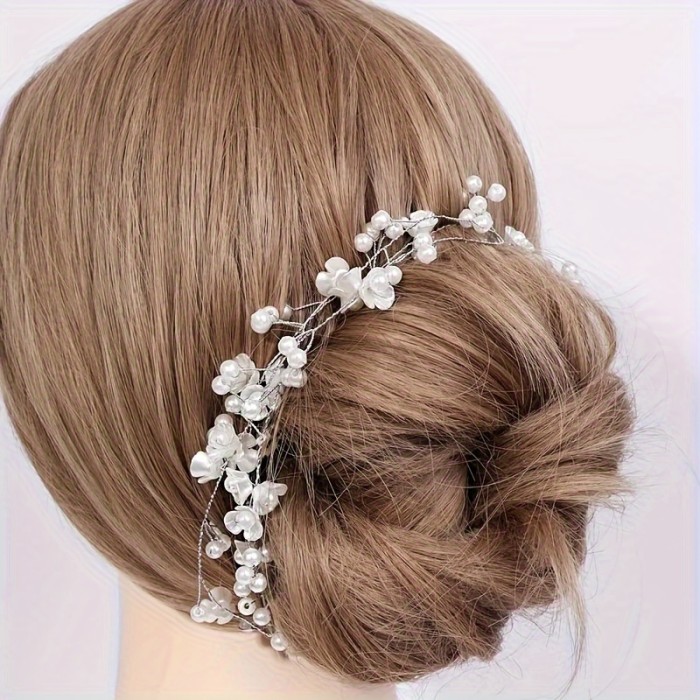 Handmade Pearl Flower Headband, One Meter Long Flower Pearl Headband, Bridesmaid Flower Girl Headwear