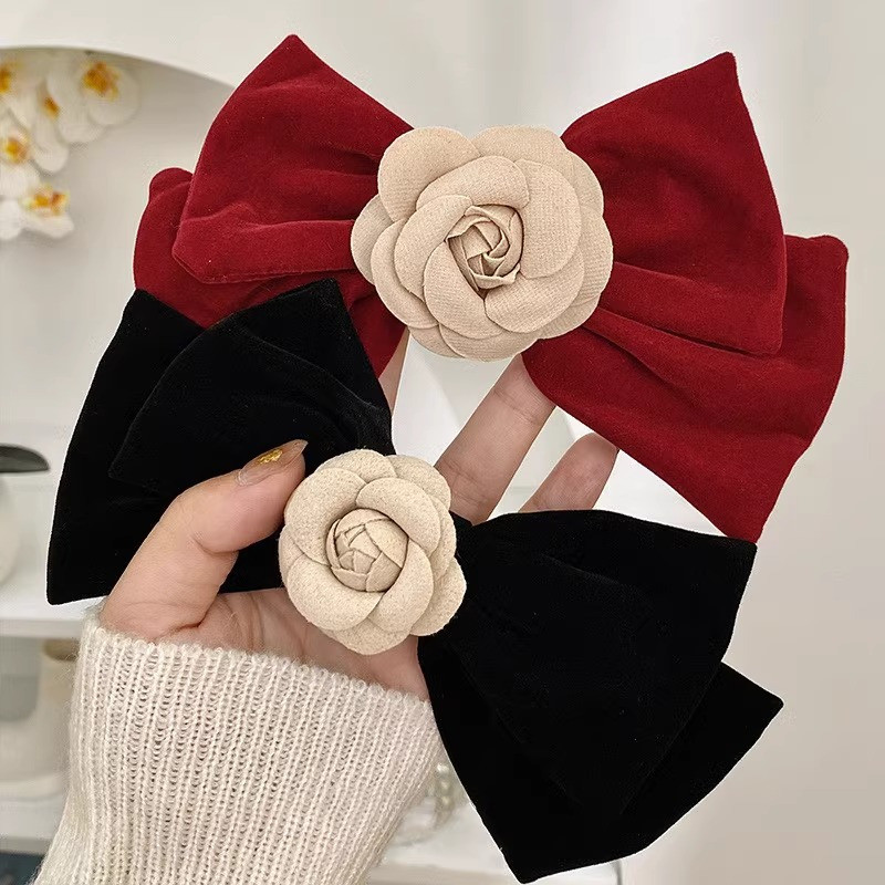 2pcs Velvet Camellia Hair Accessories Set, Elegant Fleece Bow Hair Clips, Stylish Hair Pins for Women, Perfect for New Year'S and Christmas Gifts, Temperament Hairpiece, Velour Material