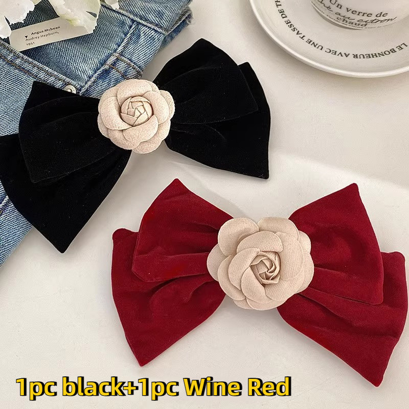 2pcs Velvet Camellia Hair Accessories Set, Elegant Fleece Bow Hair Clips, Stylish Hair Pins for Women, Perfect for New Year'S and Christmas Gifts, Temperament Hairpiece, Velour Material
